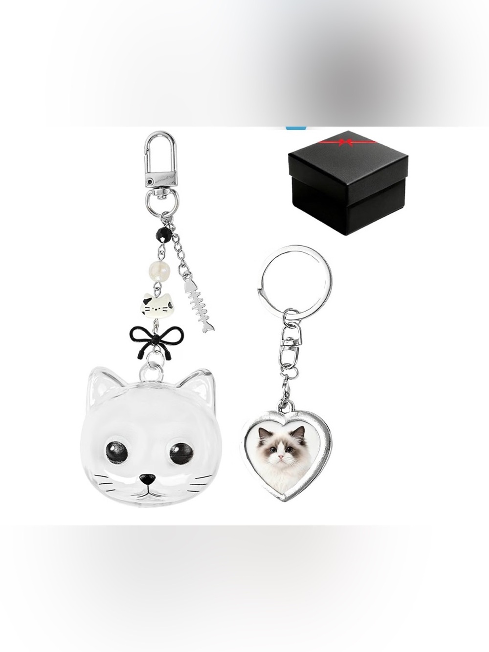 Cute Cat Keychain Set - Silver & White Cat Charm with Heart Photo Frame nwt